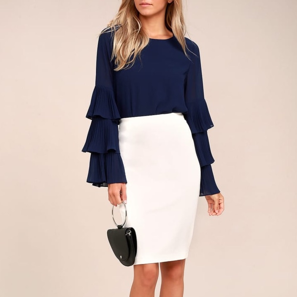 LuLus One For the Ages Navy Blue Long Tiered Ruffle Sleeve Top
